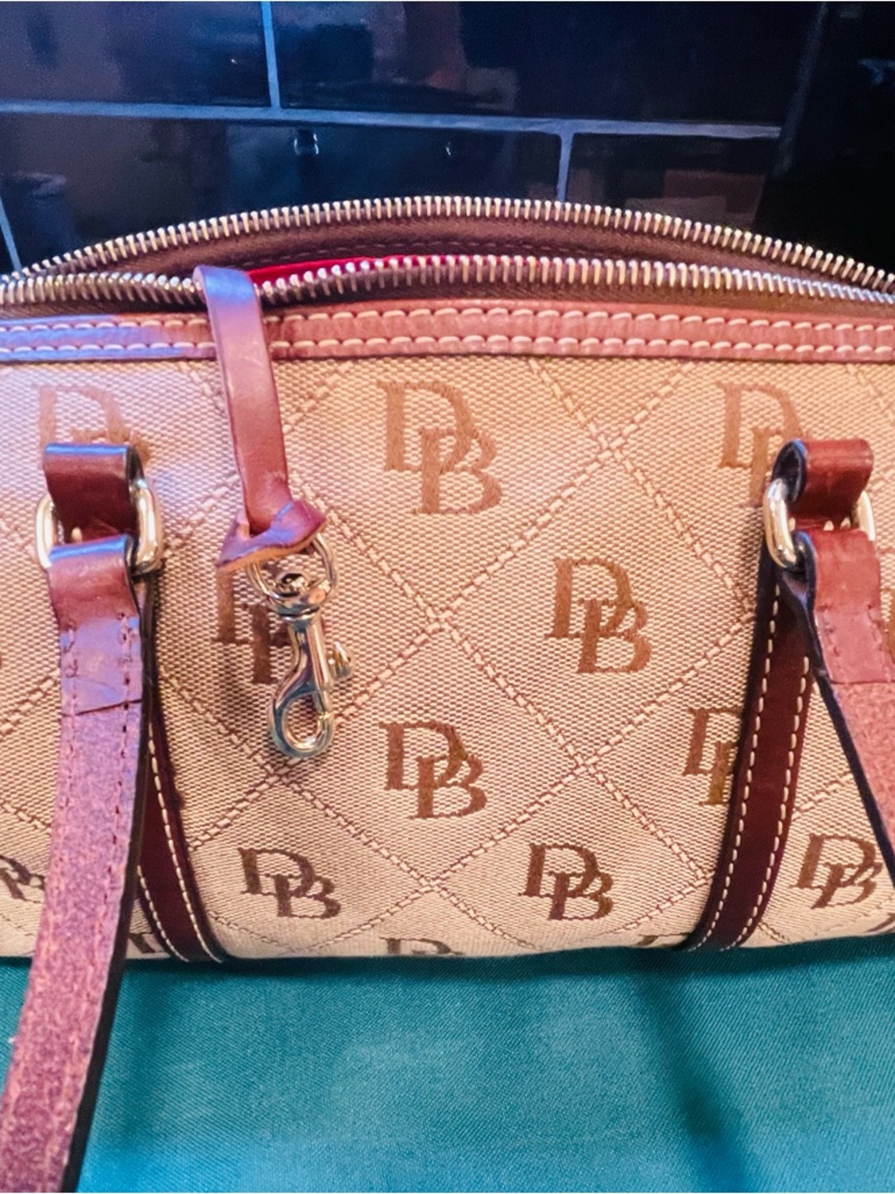 Dooney & Bourke Beige and Brown Monogram Barrel Shoulder Bag - Picture 5 of 11